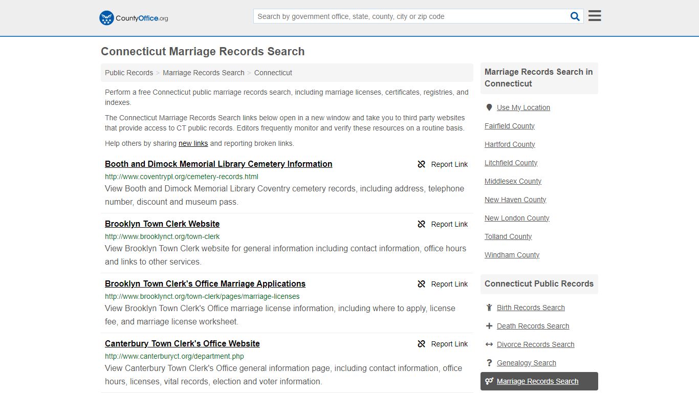 Connecticut Marriage Records Search - County Office